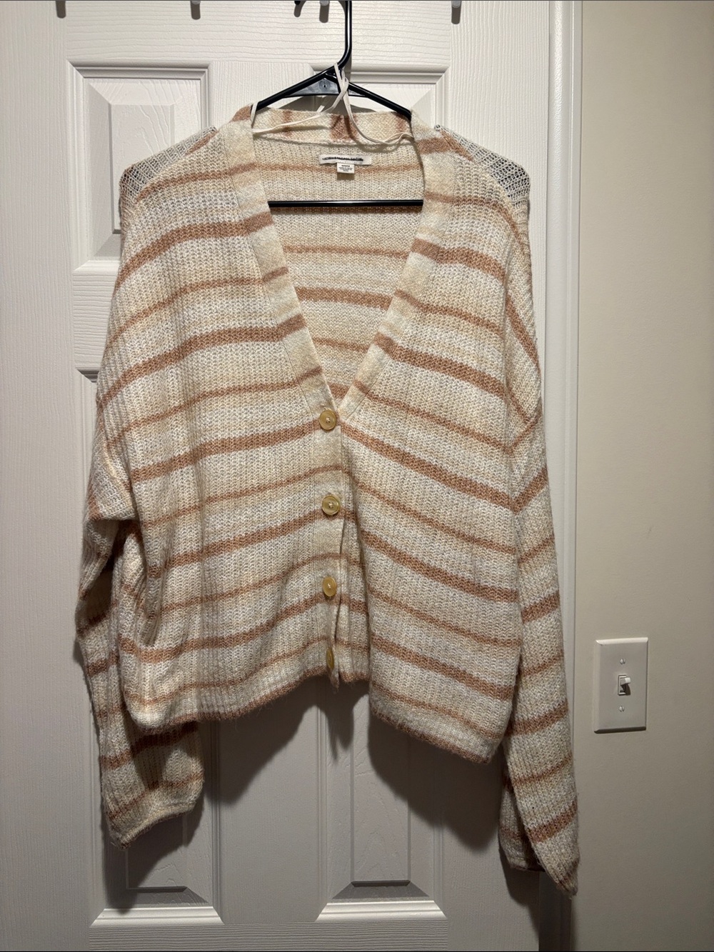 American Eagle Outfitters Striped V-Neck Cardigan - Cream & Tan